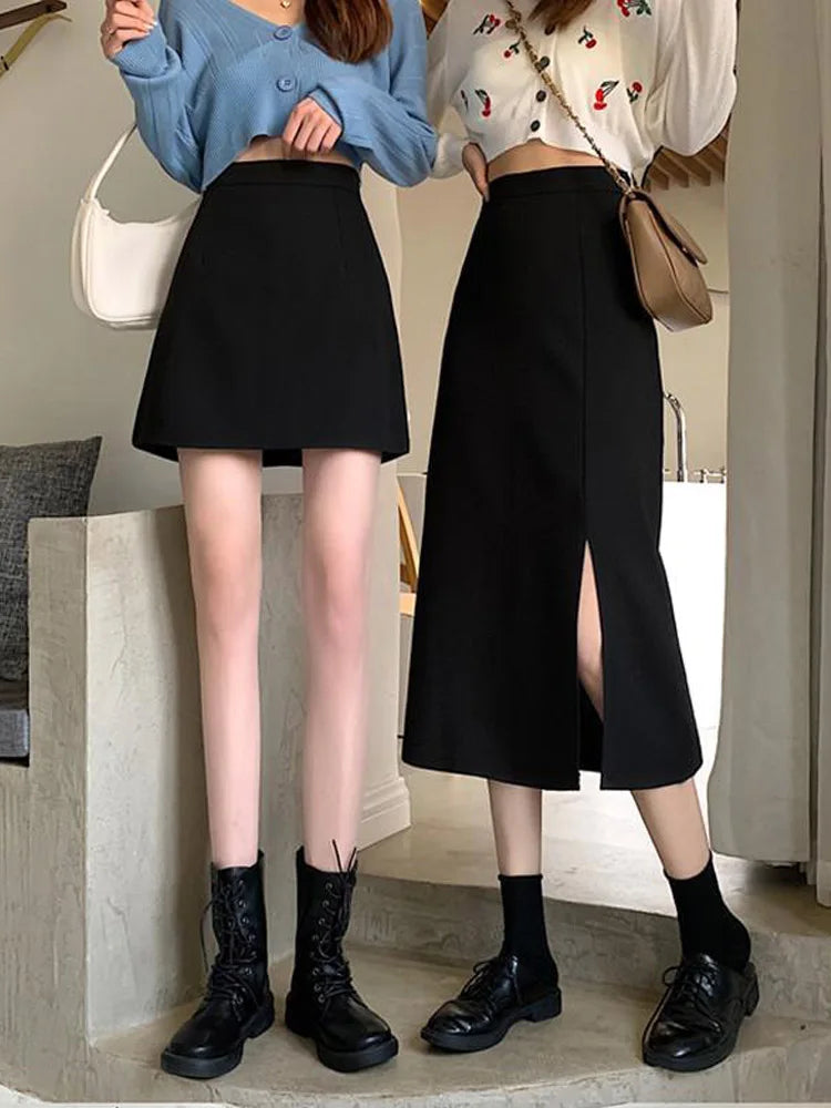 Black Skirts Women Mid-calf College A-line High Waist Korean Style OL All-match Friends  Streetwear Chic Female Bottom