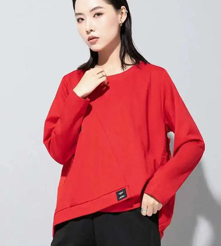 Women Green Asymmetric Big Size Casual T-shirt New Round Neck Long Sleeve Fashion Tide Spring Autumn 2025 1DF5725