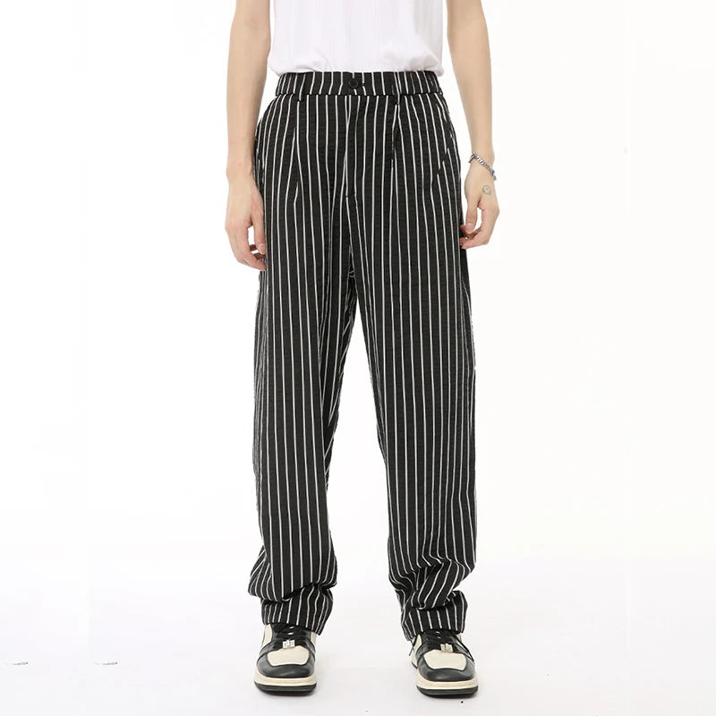 Summer Male Pants Vertical Stripe Contrast Color Casual Menwear Wide Leg Loose Straight Button Korean Style 9C6569