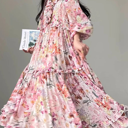 Load image into Gallery viewer, Colorblock Printing Loose Dress For Women V Neck Lantern Sleeve High Waist Elegant A Line Dresses Female Clothes
