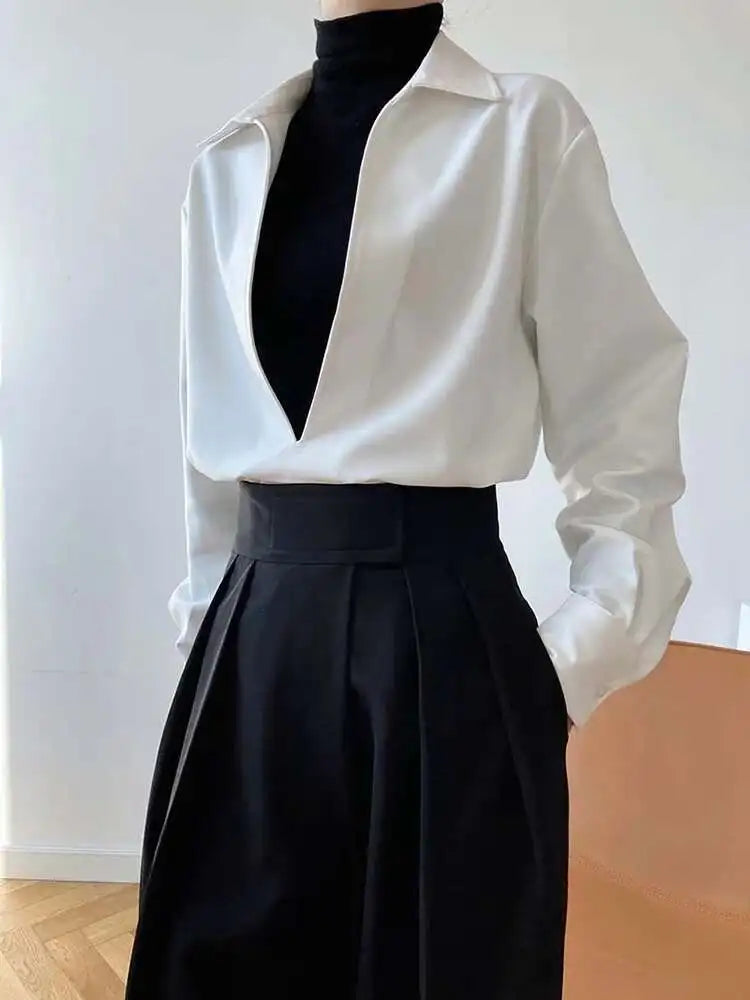 Women White Blue Brief Elegant Big Size Blouse New V-neck Long Sleeve Shirt Fashion Tide Spring Autumn 2025 1DH6648