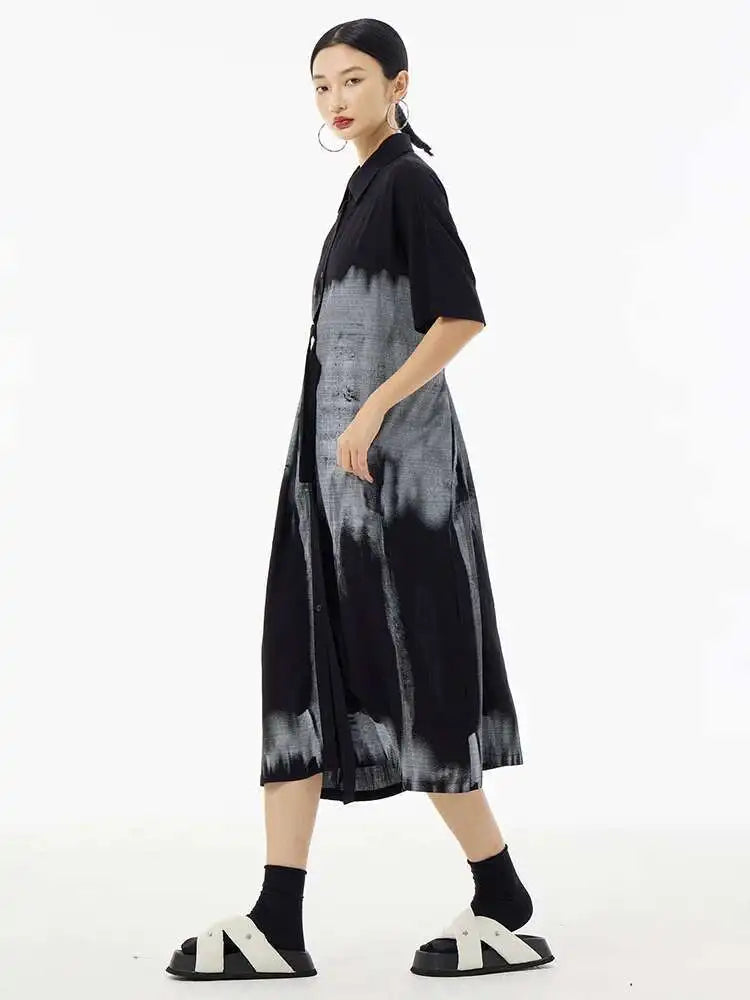 Women Green Pattern Printed Belted Big Size Shirt Dress New Lapel Short Sleeve Fashion Tide Spring Summer 2025  1DH5759