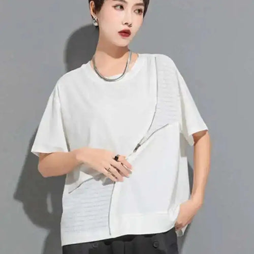 Load image into Gallery viewer, Women Black Irregular Zipper Big Size Casual T-shirt New Round Neck Short Sleeve Fashion Tide Spring Summer 2025 1DF6526
