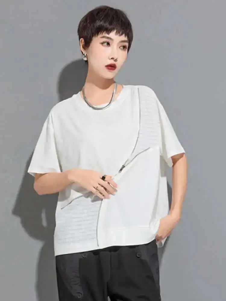 Women Black Irregular Zipper Big Size Casual T-shirt New Round Neck Short Sleeve Fashion Tide Spring Summer 2025 1DF6526