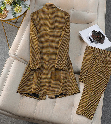Autumn Winter Women Formal Office Lady Business Two Pieces Set Slim Plaid Blazer Long Coat And High Waist Ankle-length Pant Suit