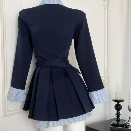 Load image into Gallery viewer, Autumn Vintage Blue Stripe Patchwork Elegant Long Sleeve Mini Dress Women College Style Button Pleated Short Dress Fashion Trend
