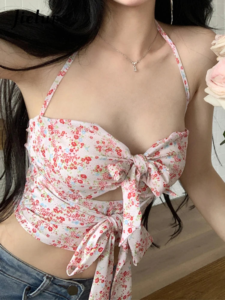 Printed Bow Halter Strapless Women's Camis Lace-up Sexy Hollow Sleeveless Fashion Female Camis High Street Sweet Y2k Top