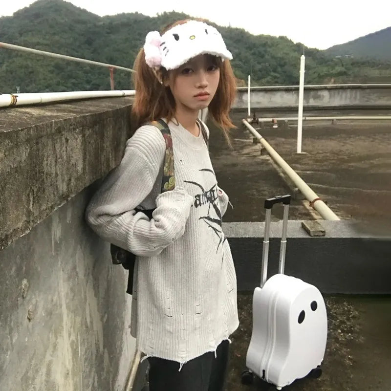 Japanese Y2k Ripped Sweater Vintage Gothic Spider Print Knitted Pullover Trashy 2000s Style Distressed Jumper Grunge 90s