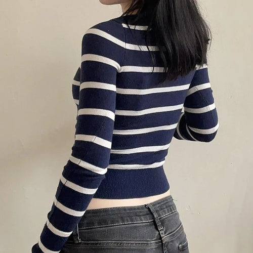 Load image into Gallery viewer, Korean Fashion Stripe Women Sweaters Buttons Up Slim Autumn Cardigan Knitwears Preppy Style Basic Knit Outfits Spring

