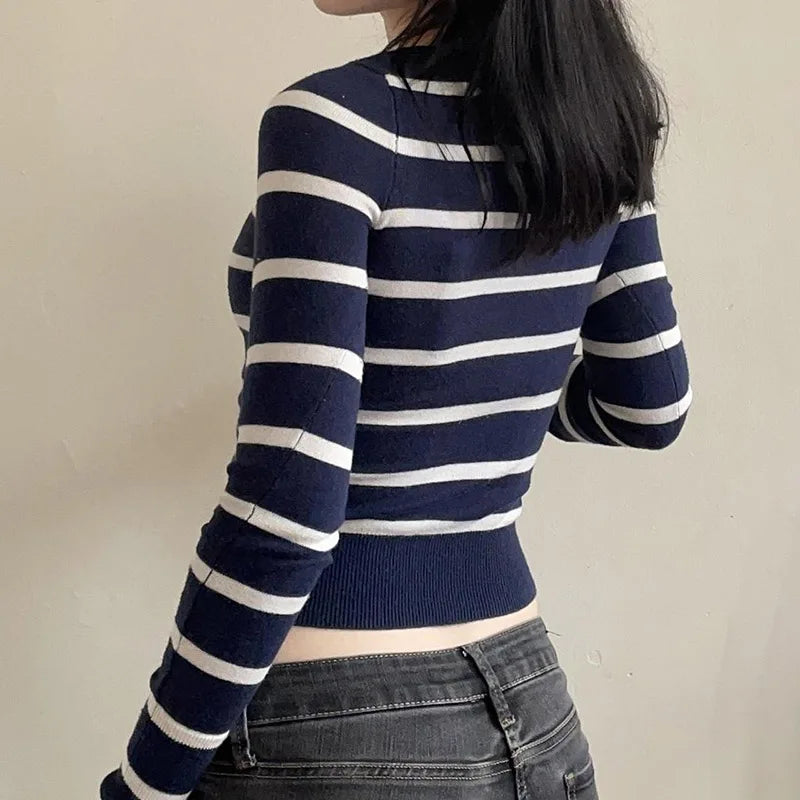 Korean Fashion Stripe Women Sweaters Buttons Up Slim Autumn Cardigan Knitwears Preppy Style Basic Knit Outfits Spring