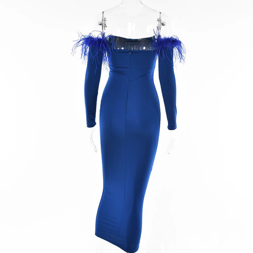 Load image into Gallery viewer, Elegant Off-shoulder Feather Sleeve Maxi Dress Women 2022 New Strapless Backless Bodycon Long Dress Vestido
