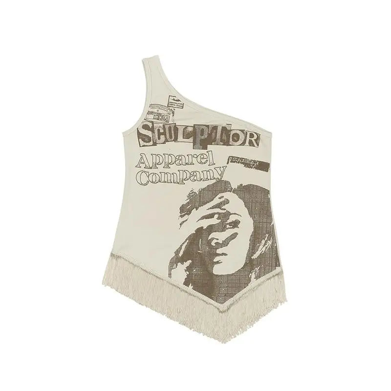 Grunge Print Tank Tops Vintage Irregular Patchwork Camisole Korean Fashion Tassel Design Tops 90s Punk Style Vest Chic