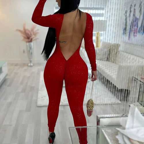 Load image into Gallery viewer, Sexy Tight Shiny Long Sleeve Jumpsuit Women Backless Skinny Elastic Slim Fit Jumpsuit Casual Charm Party Club Autumn New
