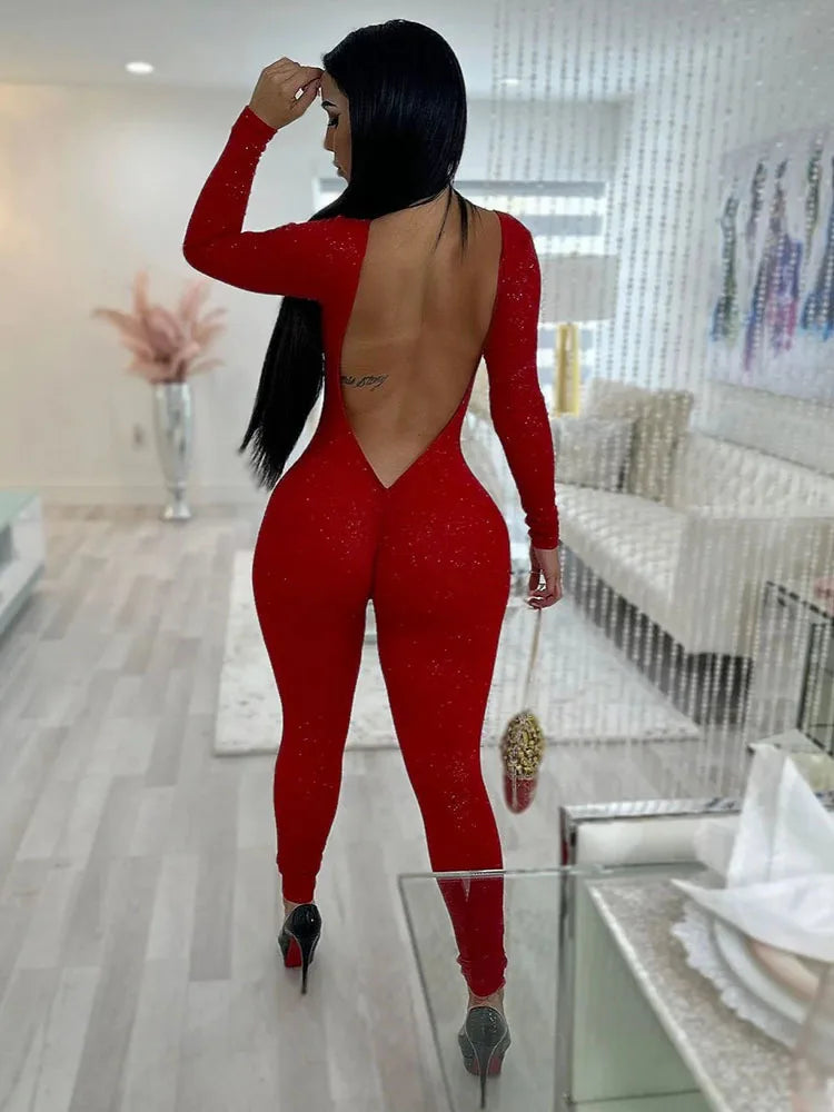 Sexy Tight Shiny Long Sleeve Jumpsuit Women Backless Skinny Elastic Slim Fit Jumpsuit Casual Charm Party Club Autumn New