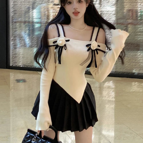 Load image into Gallery viewer, Slash Neck Knitted Y2k Aesthetic Tshirts Streetwear 3D Flower Women Slim Fit Crop Tees Vintage Harajuku Irregular Basic T-shirt
