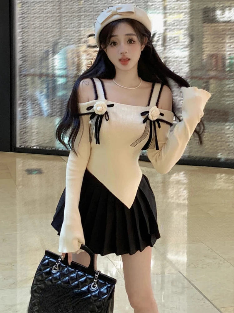 Slash Neck Knitted Y2k Aesthetic Tshirts Streetwear 3D Flower Women Slim Fit Crop Tees Vintage Harajuku Irregular Basic T-shirt