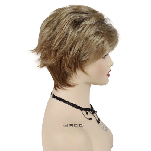 Load image into Gallery viewer, Short Haircuts Blonde Wigs Female Synthetic Fiber Gradient Blonde with Black Roots Pixie Cuts Ombre Wig with Bangs Mommy Wig Old
