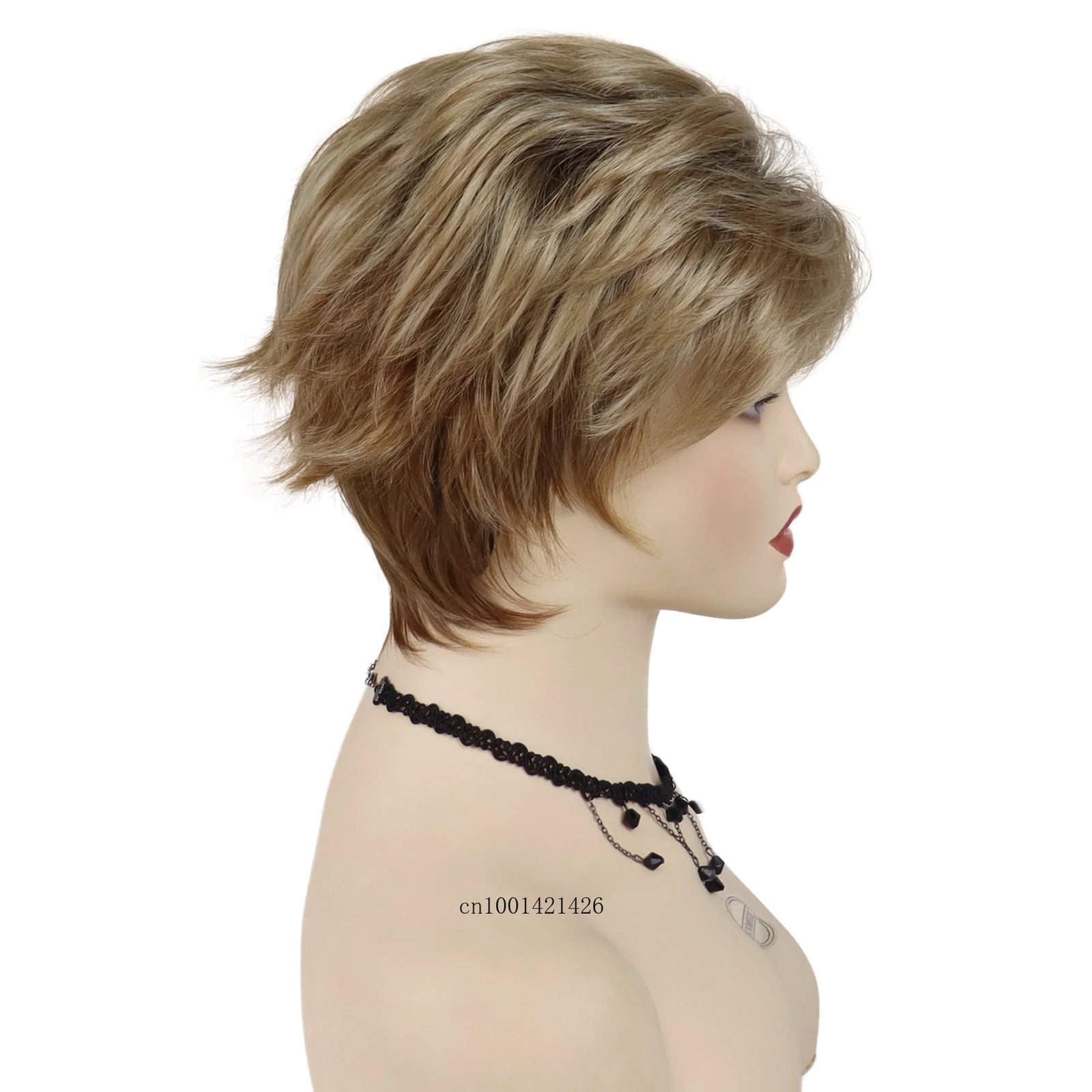 Short Haircuts Blonde Wigs Female Synthetic Fiber Gradient Blonde with Black Roots Pixie Cuts Ombre Wig with Bangs Mommy Wig Old