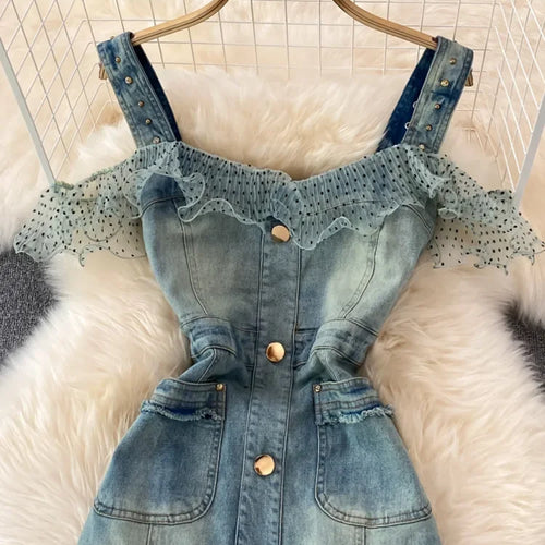 Load image into Gallery viewer, Denim Dress Sexy Style New Arrival Ins Strap Waist Mesh Polka Dot Ruffles Stitching Female Bodycon Midi Dresses Female Vestidos
