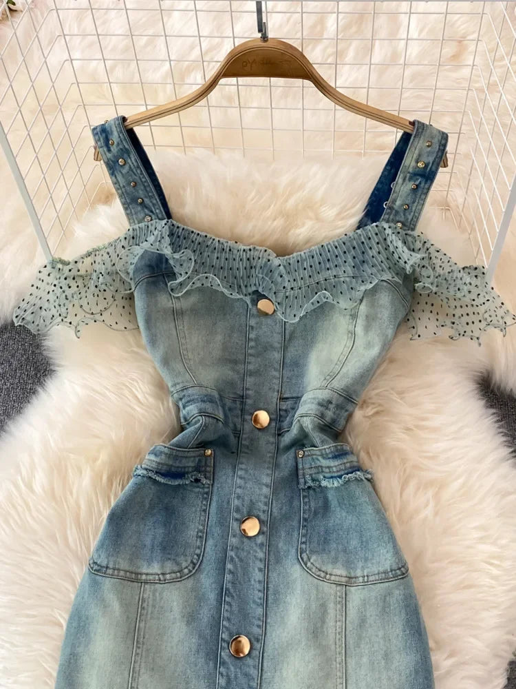Denim Dress Sexy Style New Arrival Ins Strap Waist Mesh Polka Dot Ruffles Stitching Female Bodycon Midi Dresses Female Vestidos