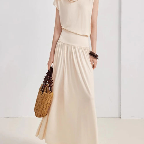 Load image into Gallery viewer, Solid Loose Casual Long Dresses for Women Swinging Neck Sleeveless Low Waist Patchwork Folds Elegant Dress Female
