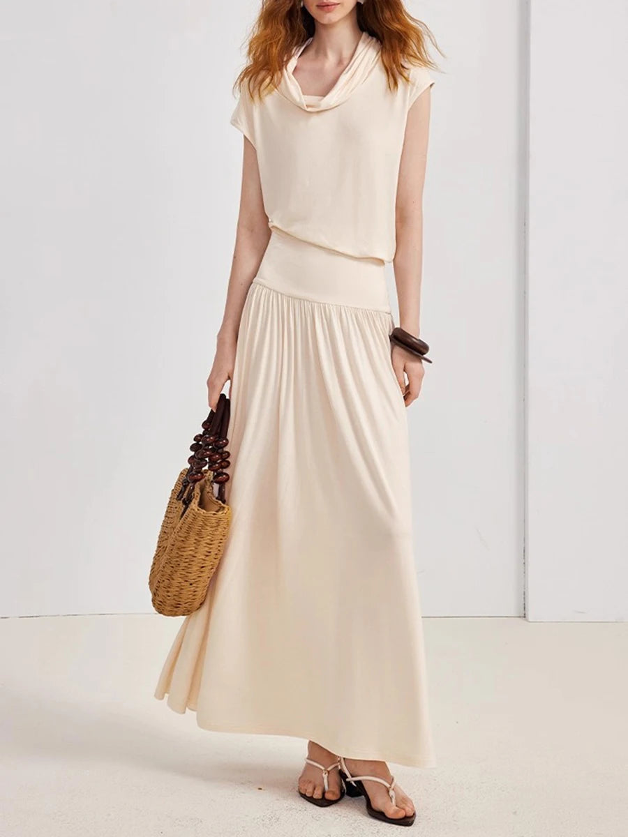 Solid Loose Casual Long Dresses for Women Swinging Neck Sleeveless Low Waist Patchwork Folds Elegant Dress Female