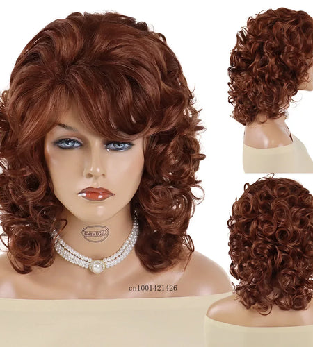 Synthetic Curly Hair Wigs for Women Natural Wig with Bangs Short Haircuts Shoulder Length Brown,Auburn,Black Wig Mother