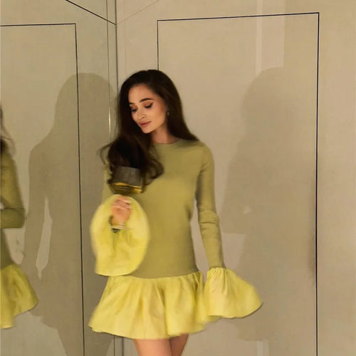 Load image into Gallery viewer, Long Flare Sleeve Knitted Sexy Mini Dress For Women Autumn Winter New Patchwork O Neck A-line Knit Puffy Dress Elegant
