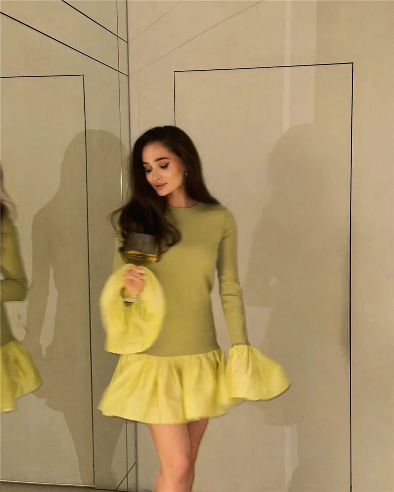 Long Flare Sleeve Knitted Sexy Mini Dress For Women Autumn Winter New Patchwork O Neck A-line Knit Puffy Dress Elegant