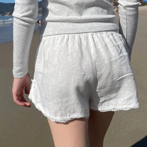 Load image into Gallery viewer, Casual White Basic Summer Shorts Women Lace Trim Buttons Homewear Sporty Chic Short Pants Elastic Waist Korean Hottie
