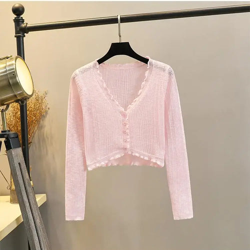 Load image into Gallery viewer, 2025 Sping Summer New Women's Solid Fashion V-neck Long Sleeve Cardigan Knitted Tops Single Breasted Sun Protection Clothes Chic
