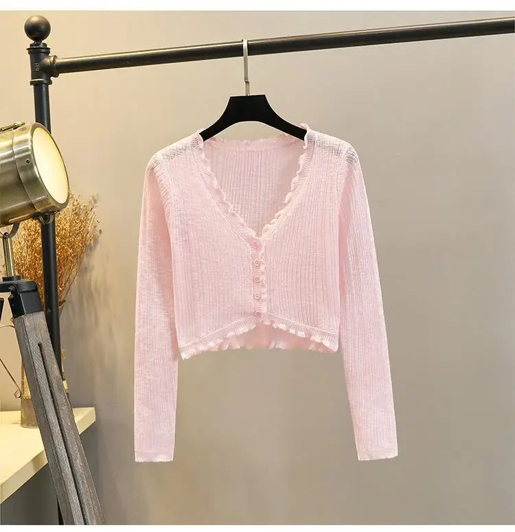 2025 Sping Summer New Women's Solid Fashion V-neck Long Sleeve Cardigan Knitted Tops Single Breasted Sun Protection Clothes Chic