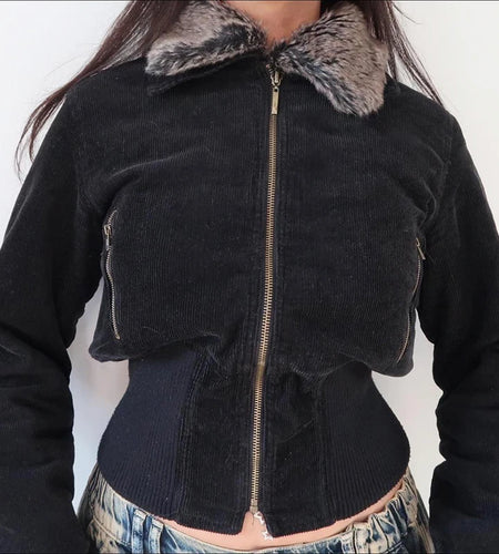 Fashion Black Corduroy Winter Jacket Women Streetwear Chic Zip Up Coat Faux Fur Trim Collar Autumn Overcoat Outwear