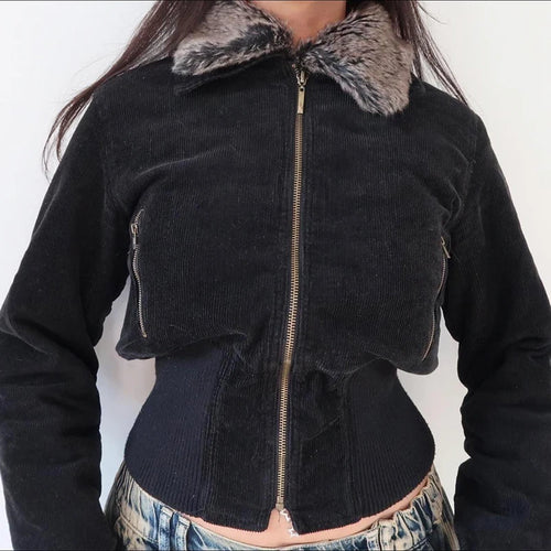 Load image into Gallery viewer, Fashion Black Corduroy Winter Jacket Women Streetwear Chic Zip Up Coat Faux Fur Trim Collar Autumn Overcoat Outwear
