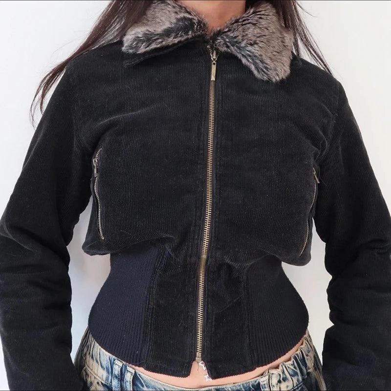 Fashion Black Corduroy Winter Jacket Women Streetwear Chic Zip Up Coat Faux Fur Trim Collar Autumn Overcoat Outwear