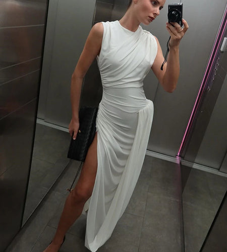 Hollow Out Draped Ruched Sexy Maxi Dress Women Gown Elegant Sleeveless Backless Thigh High Split Long Dress Clubwear