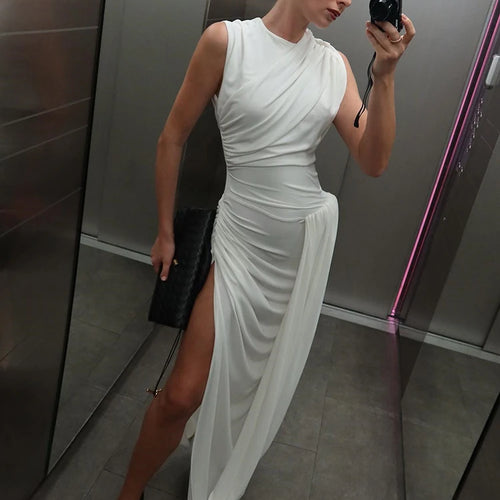 Load image into Gallery viewer, Hollow Out Draped Ruched Sexy Maxi Dress Women Gown Elegant Sleeveless Backless Thigh High Split Long Dress Clubwear
