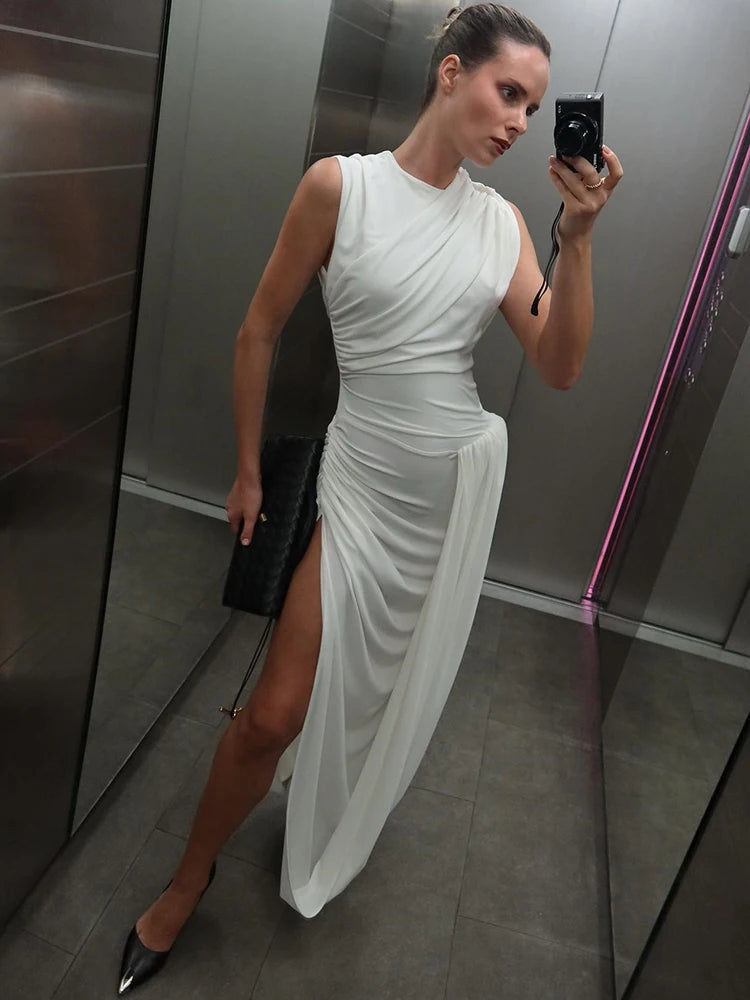 Hollow Out Draped Ruched Sexy Maxi Dress Women Gown Elegant Sleeveless Backless Thigh High Split Long Dress Clubwear