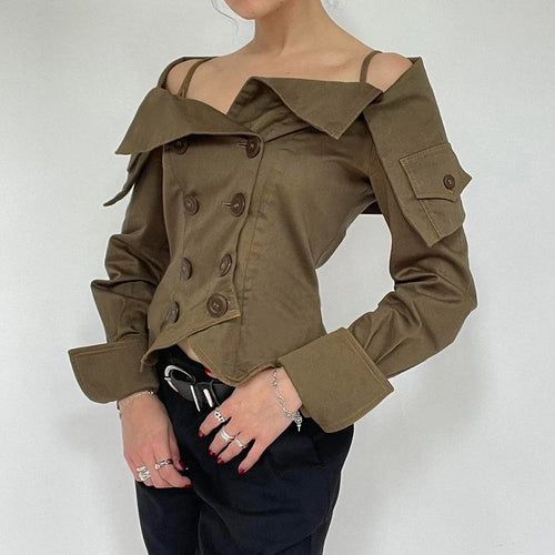 Load image into Gallery viewer, Streetwear Cargo Style Women Blouses Spring Autumn Off Shoulder Tops Buttons Draped Cropped Shirt Cardigan Party 2024
