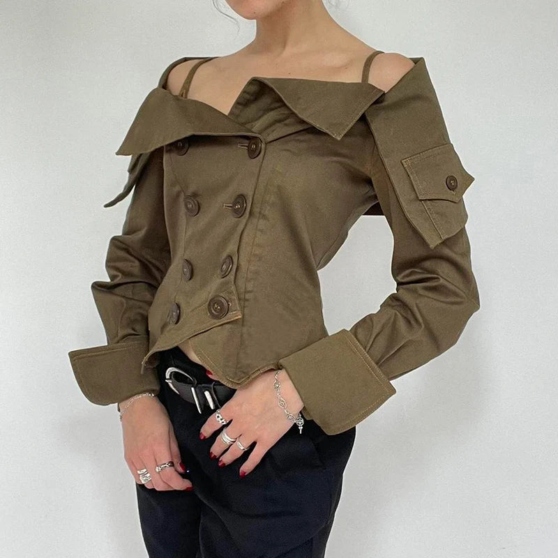 Streetwear Cargo Style Women Blouses Spring Autumn Off Shoulder Tops Buttons Draped Cropped Shirt Cardigan Party 2024