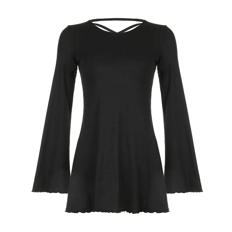 Fashion Backless Flare Sleeve Autumn Dress Mini Frill Knit Lace Up Casual Dresses Women Basic Winter Clothes Korean