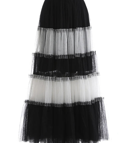 High Elastic Waist Black  White Mesh Color-block A-line Half-body Skirt Women Fashion Tide New Spring Autumn 2025 1DJ1077