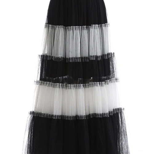 Load image into Gallery viewer, High Elastic Waist Black  White Mesh Color-block A-line Half-body Skirt Women Fashion Tide New Spring Autumn 2025 1DJ1077
