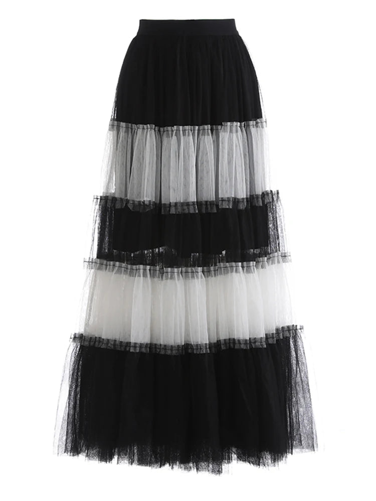 High Elastic Waist Black  White Mesh Color-block A-line Half-body Skirt Women Fashion Tide New Spring Autumn 2025 1DJ1077