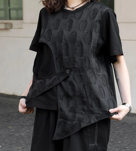 Women Black Dot Irregular Big Size Casual T-shirt New Round Neck Short Sleeve Fashion Tide Spring Summer 2025 1DJ0947