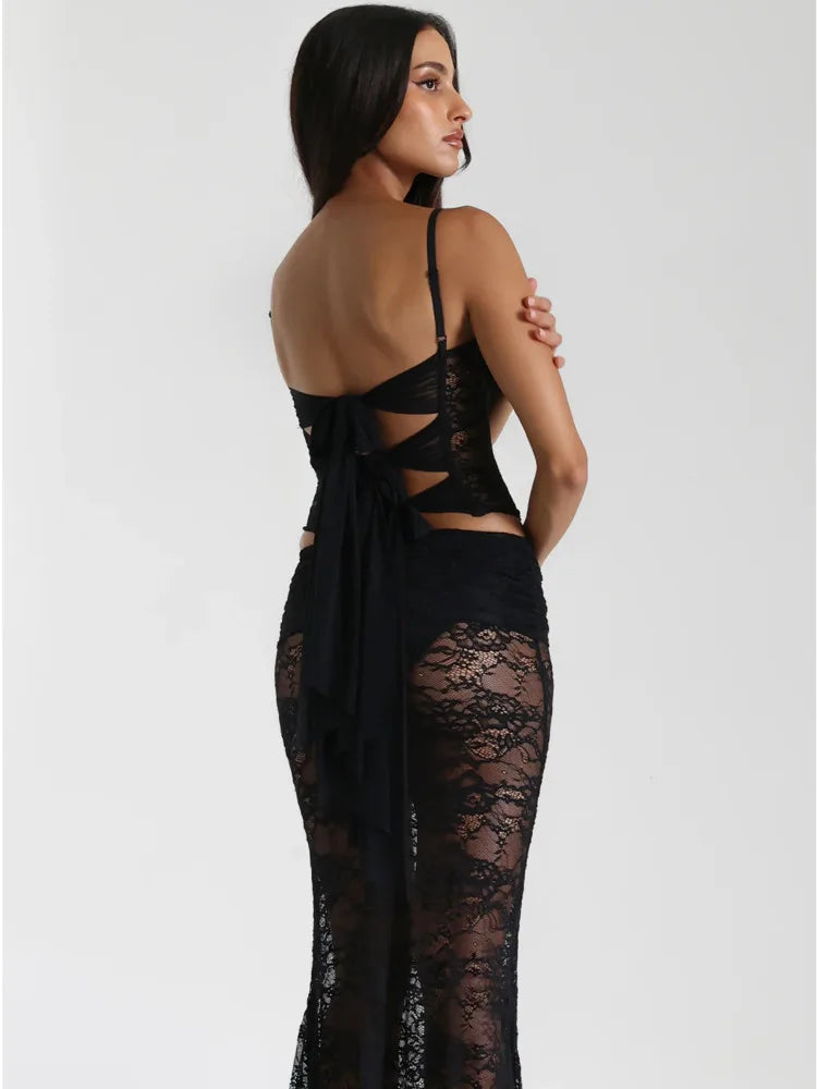 Sexy Lace Patchwork Tight Hollow Out Top Perspective Slim Long Skirt Women Set Temperament Party Vacation Beach Club Set