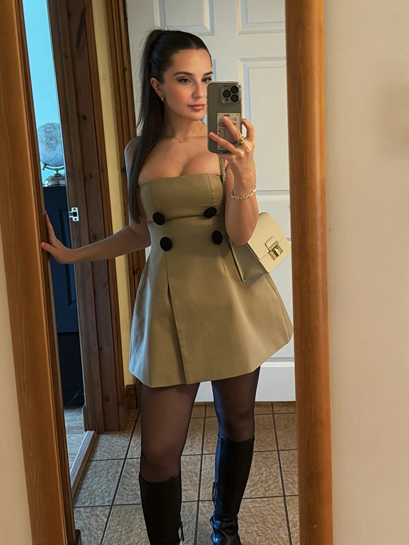 Off-shoulder Strapless Sexy Mini Dress For Women Khaki Fashion High Waist Backless Sleeveless Club Party Dress Elegant