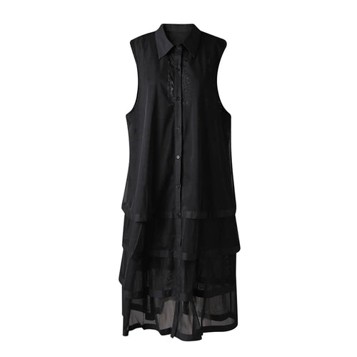 Load image into Gallery viewer, Women Black Layers Mesh Big Size Midi Vest Shirt Dress New Lapel Sleeveless Fashion Tide Spring Summer 2025 1DH9472
