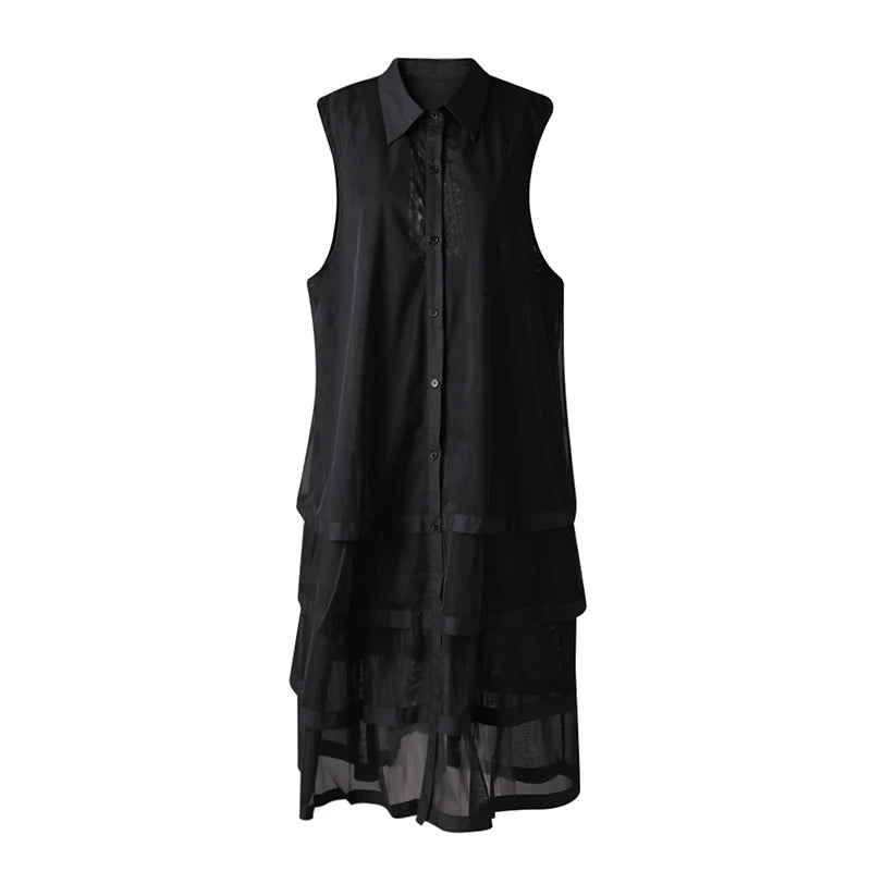 Women Black Layers Mesh Big Size Midi Vest Shirt Dress New Lapel Sleeveless Fashion Tide Spring Summer 2025 1DH9472