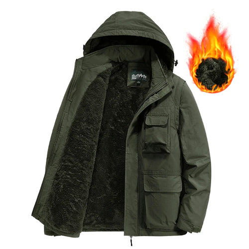 Load image into Gallery viewer, Cotton Fleece Jacket Warm Solid Color Coats Male Fashion Casual Multi-pockets Lapel Outerwear Parkas JacketMen Winter Thick
